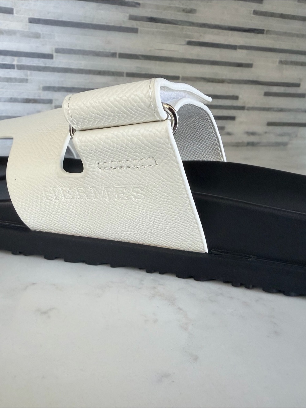 Hermes white Cutout Strap Slide Sandals - Black Footbed size 6 - Picture 10 of 12